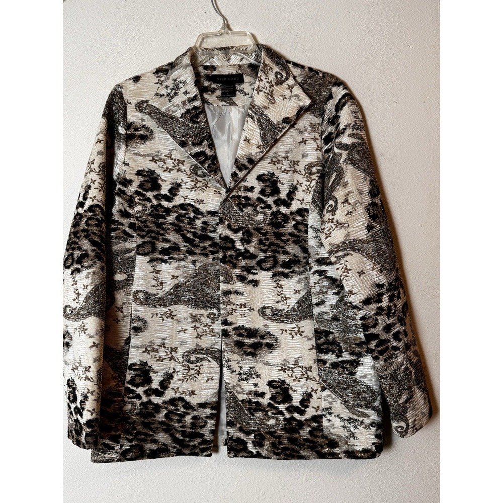 Silk Land Women's Open Front Blazer Jacket L Leopard Paisley Metallic Textured